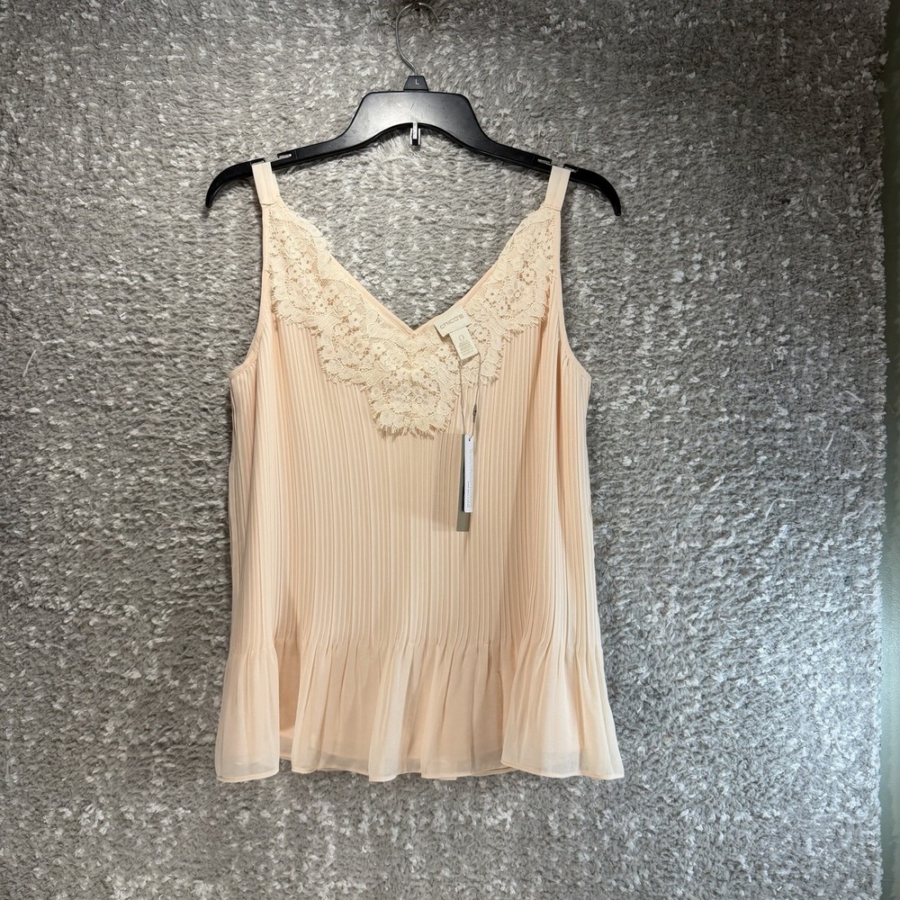 Chico"s Pleated Tank Top Cami Peach 0, S Embroidered Lace Preppy NWT